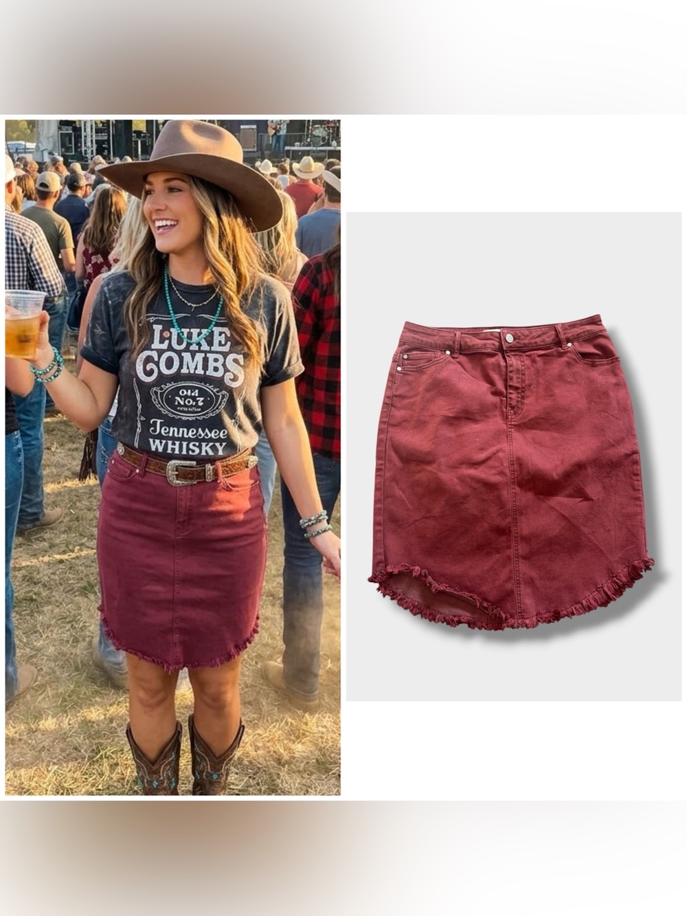 C EST. 1946 Denim Frayed Hem Mini Skirt in Burgundy, Size 12